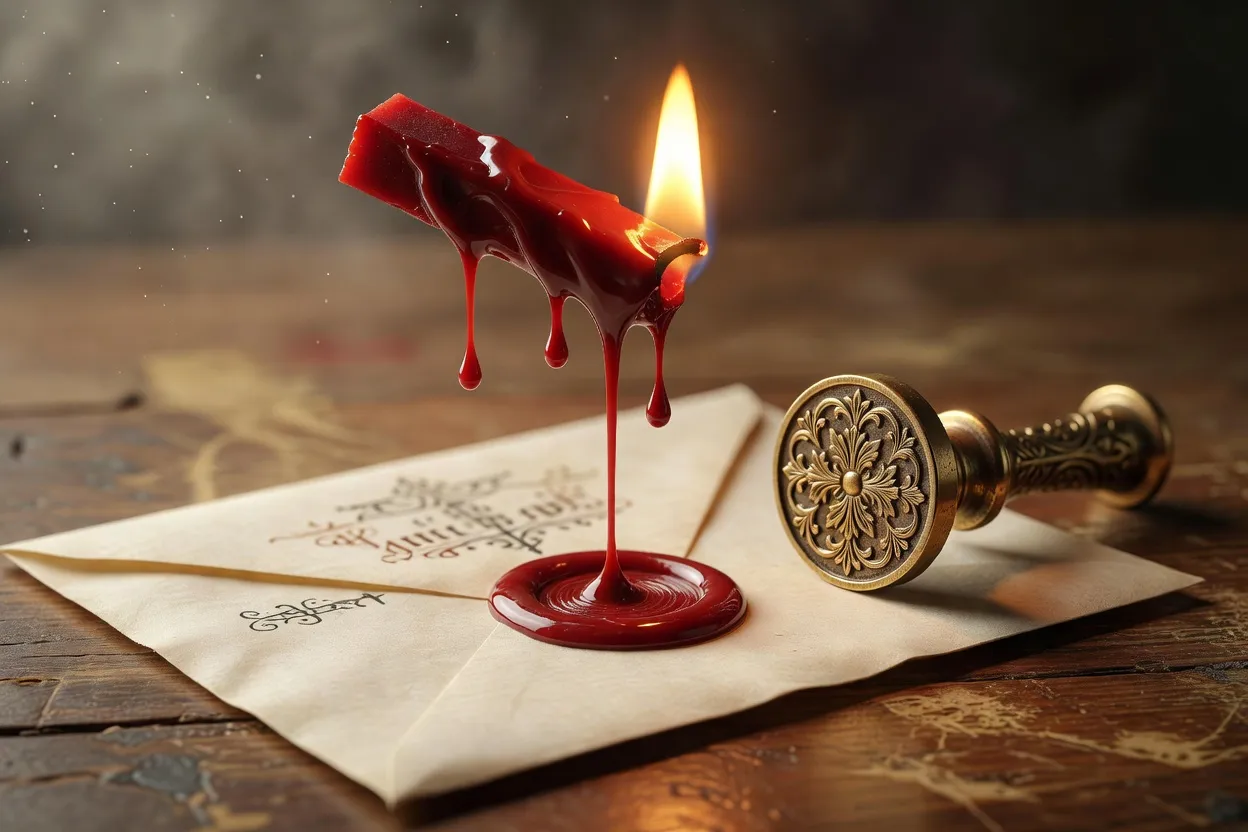 Cachet de cire rouge appose sur une enveloppe de faire-part