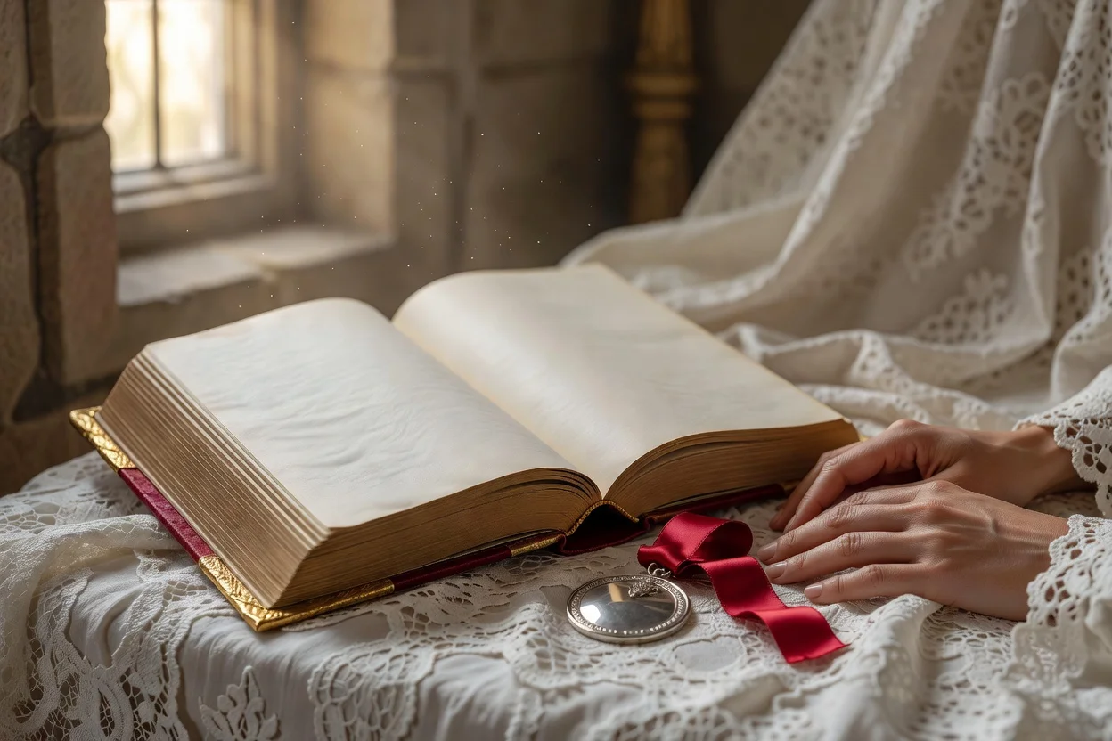 Missel ouvert et médaille de communion posés sur un faire-part manuscrit